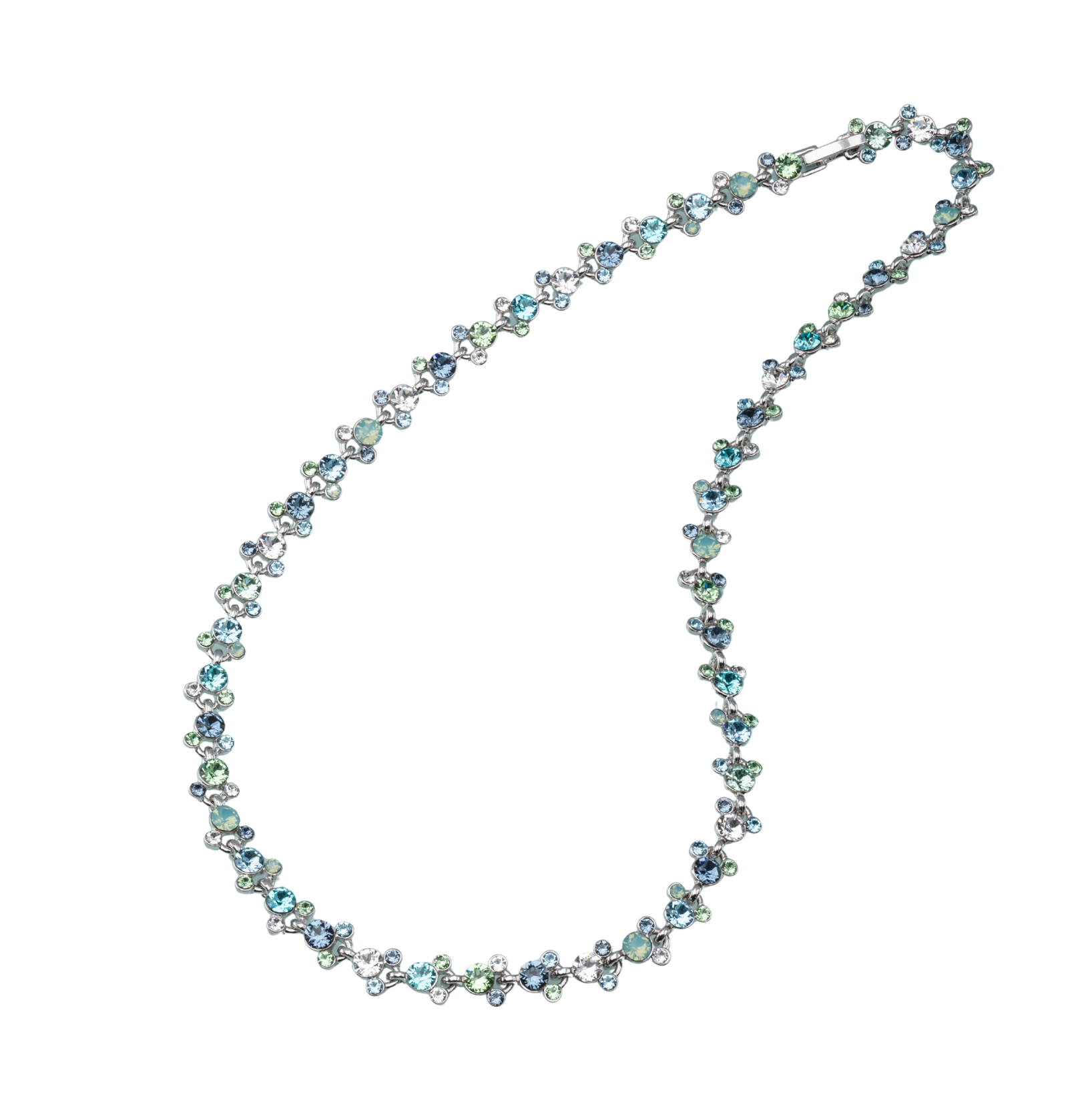 Swarovski crystal floral necklace with blue and green sparkle, rhodium-plated, elegant jewelry for weddings, gifts, and special events