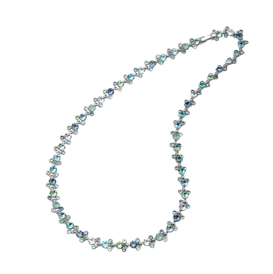 Swarovski crystal floral necklace with blue and green sparkle, rhodium-plated, elegant jewelry for weddings, gifts, and special events