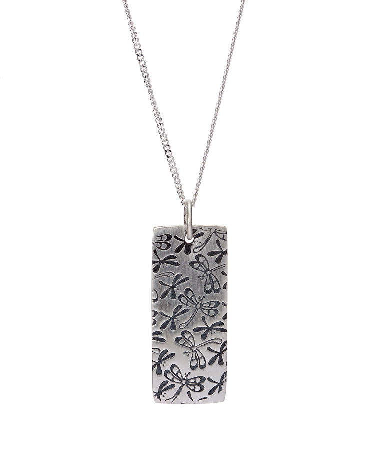 Sterling Silver Dragonfly Etched Rectangular Pendant Necklace