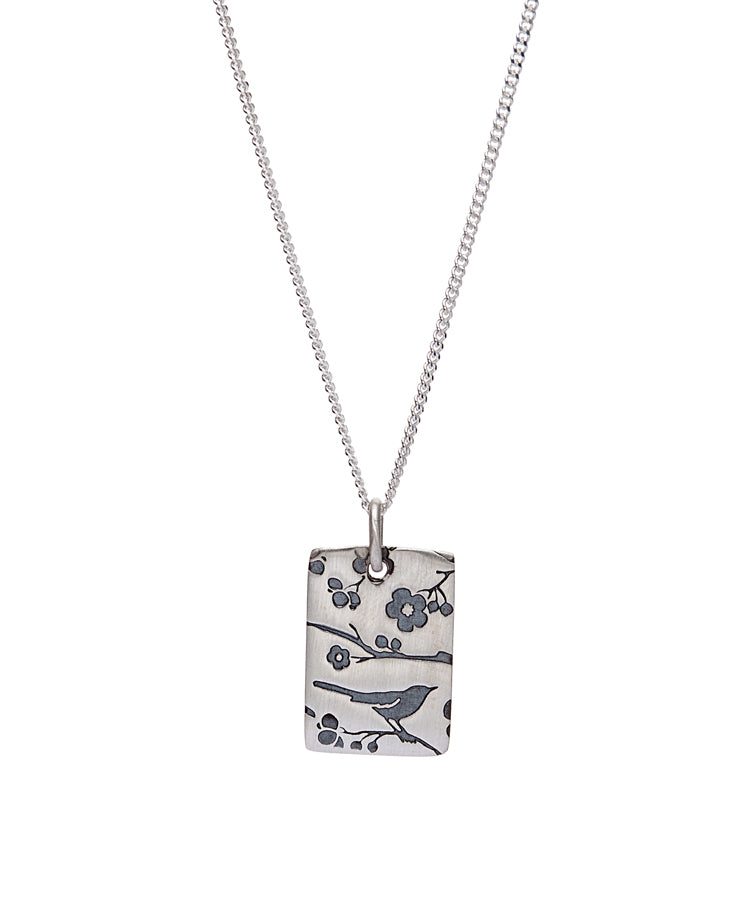 Sterling Silver Bird On Tree Branch Rectangular Pendant Necklace