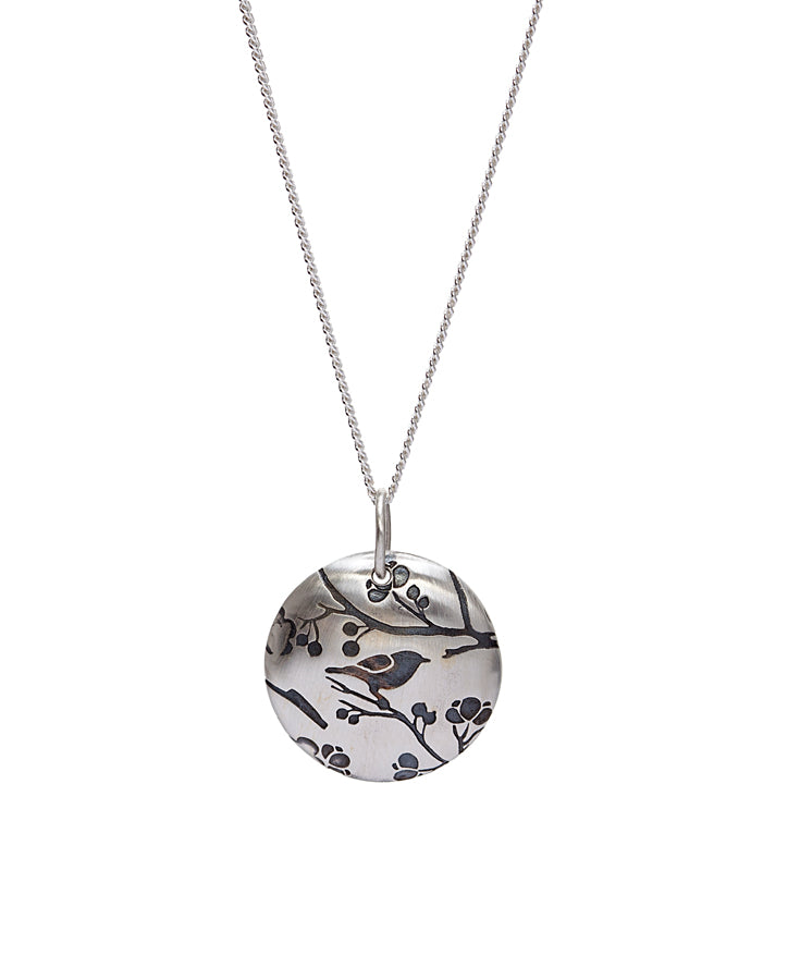 Sterling Silver Bird On Tree Branch Round Pendant Necklace