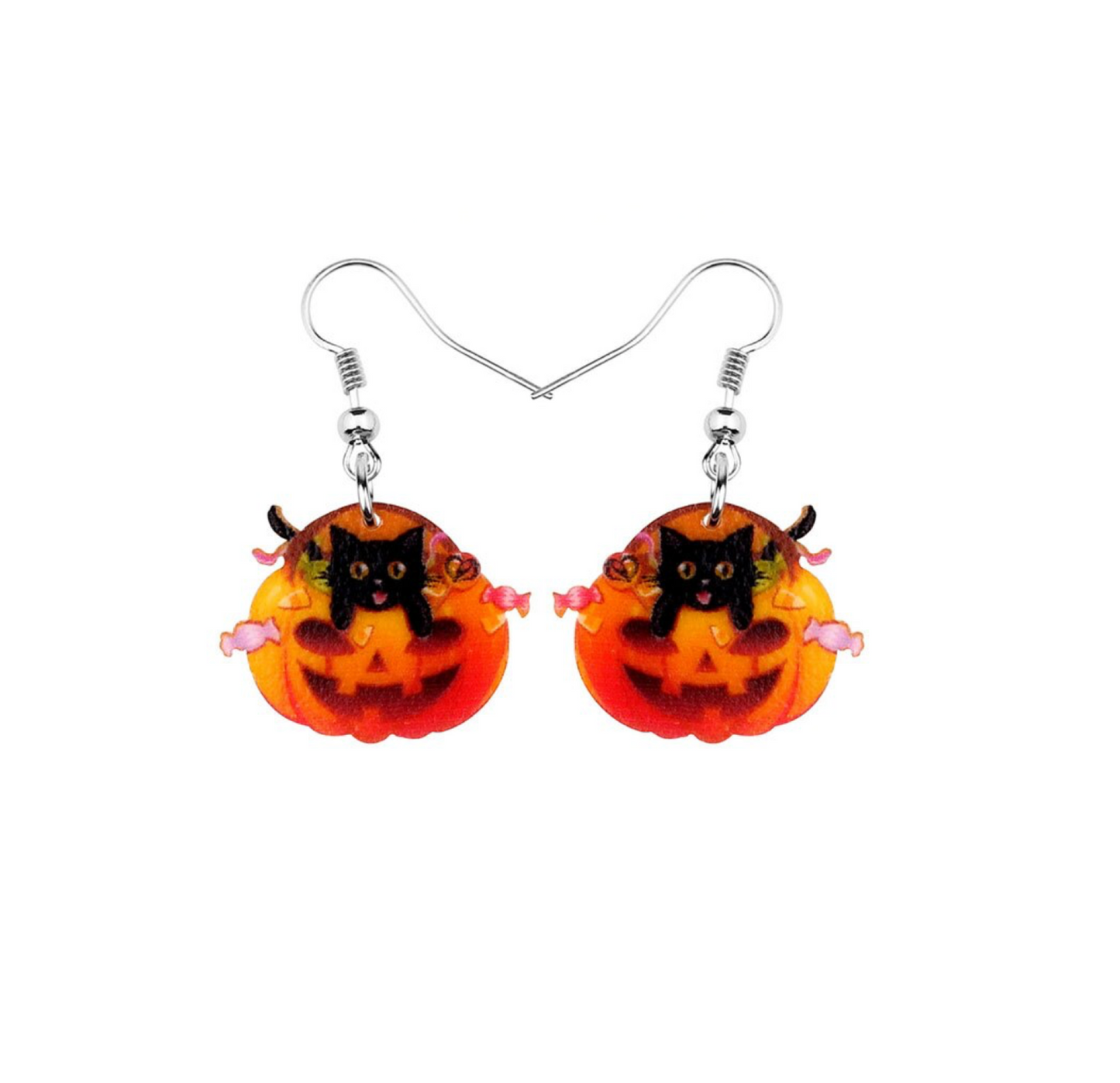 Black Cat In Pumpkin With Candy Drop Earrings