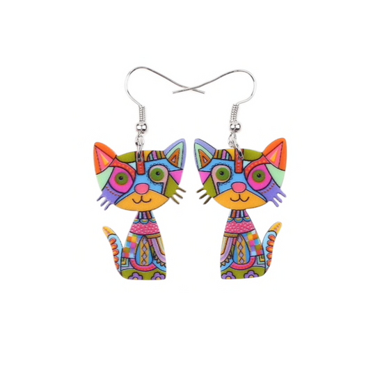 Multi Colored Mosaic Cat Drop Earrings