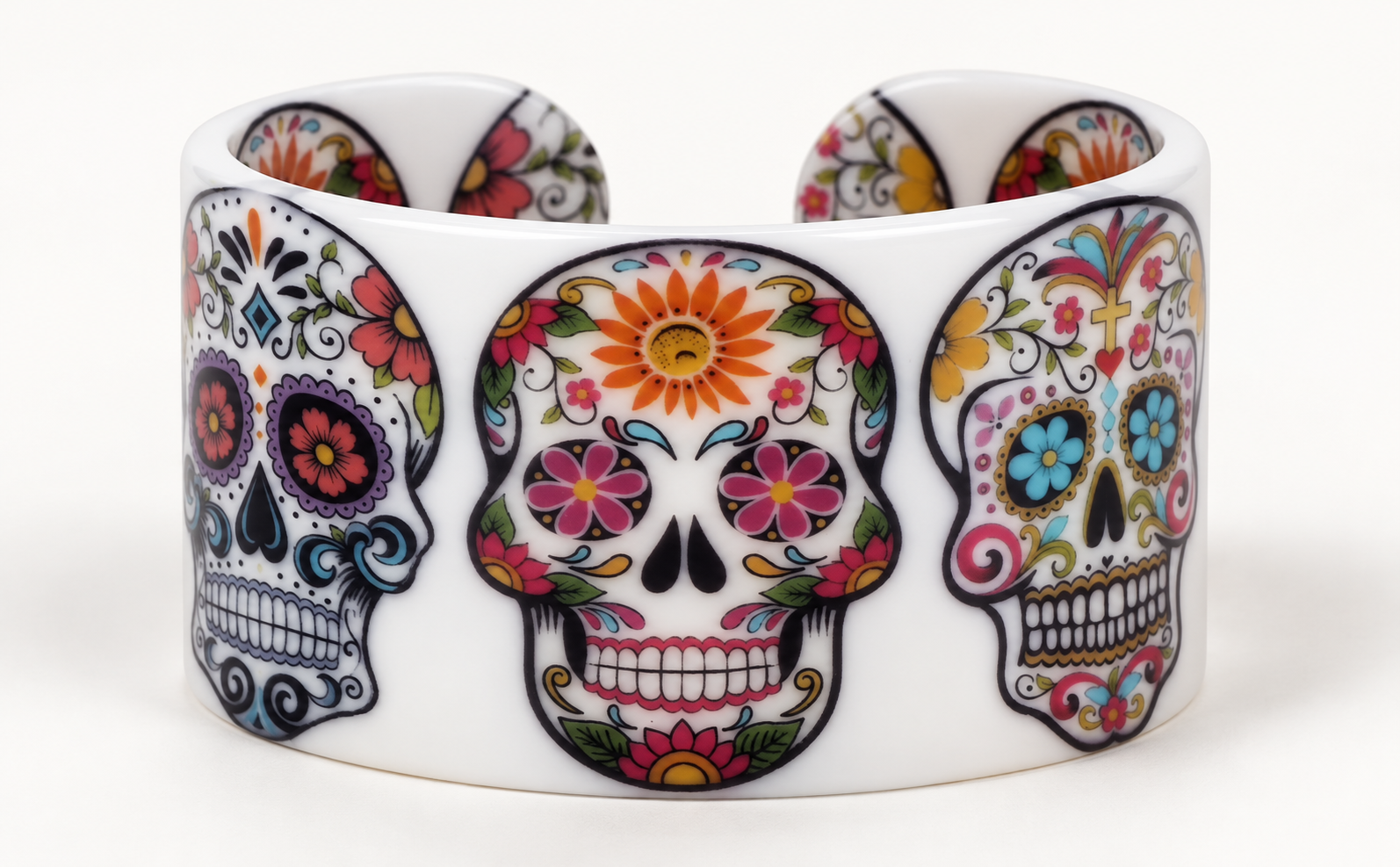 White floral sugar skull cuff bracelet, front view