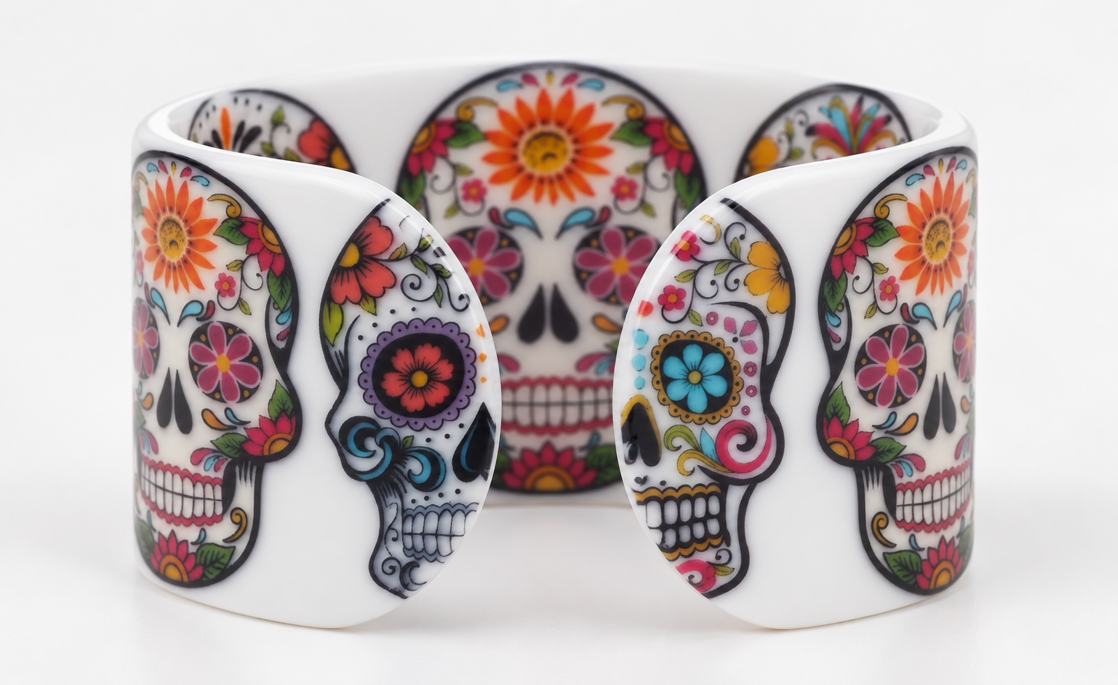 Open back and printed interior of white floral sugar skull cuff