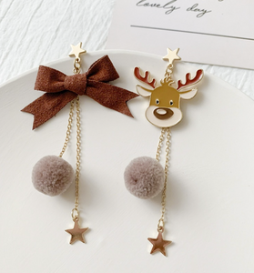 Reindeer & Brown Bow Asymmetrical Chain Pom Pom Drop Earrings