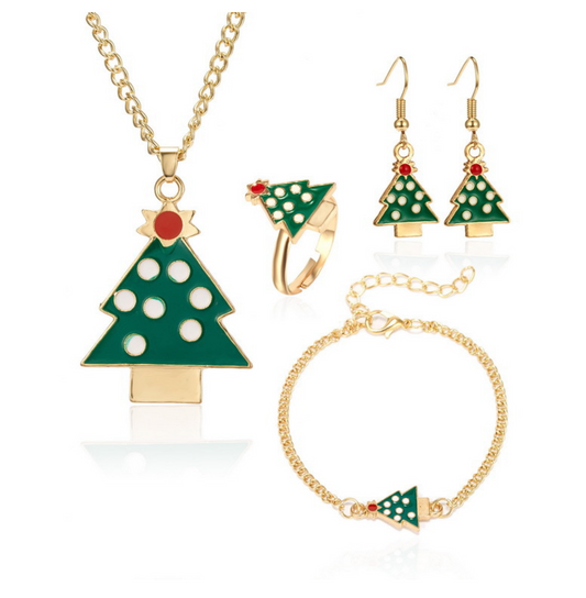 Green & Goldtone Christmas Tree Necklace, Earring, Ring & Bracelet Set