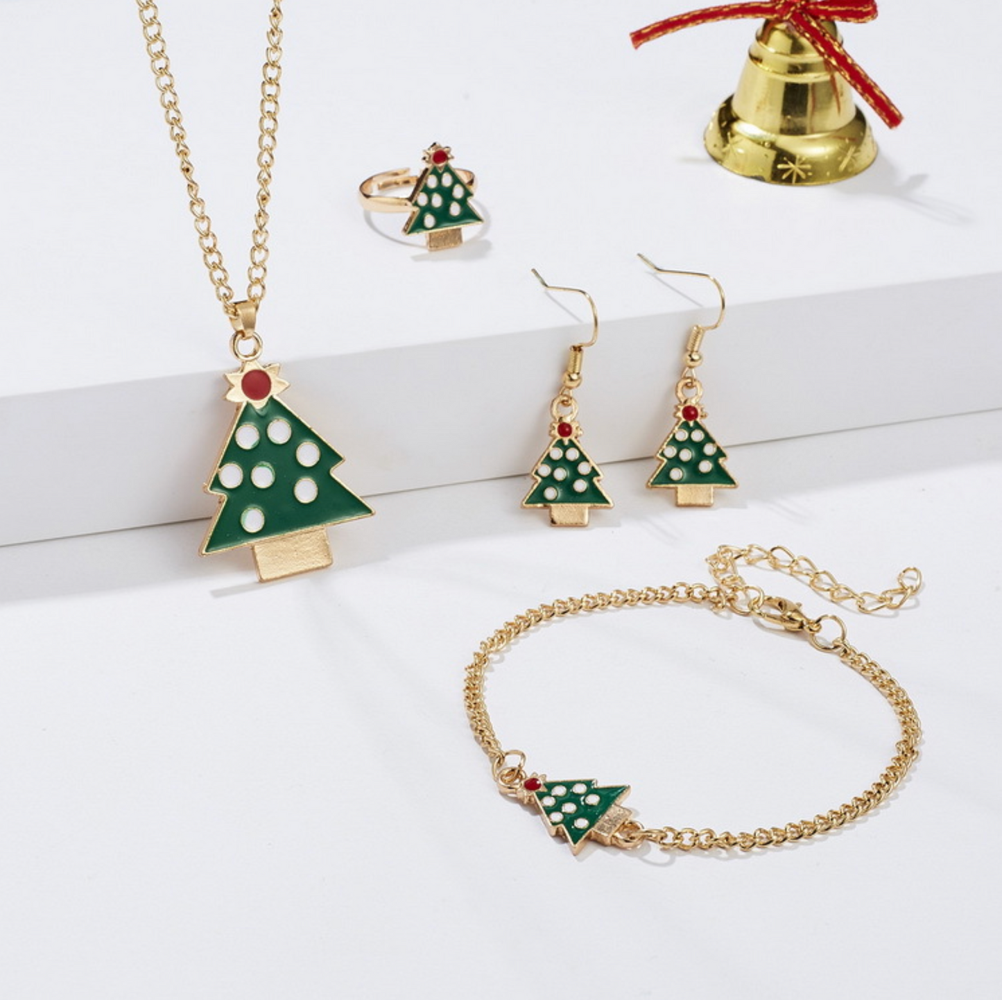 Green & Goldtone Christmas Tree Necklace, Earring, Ring & Bracelet Set