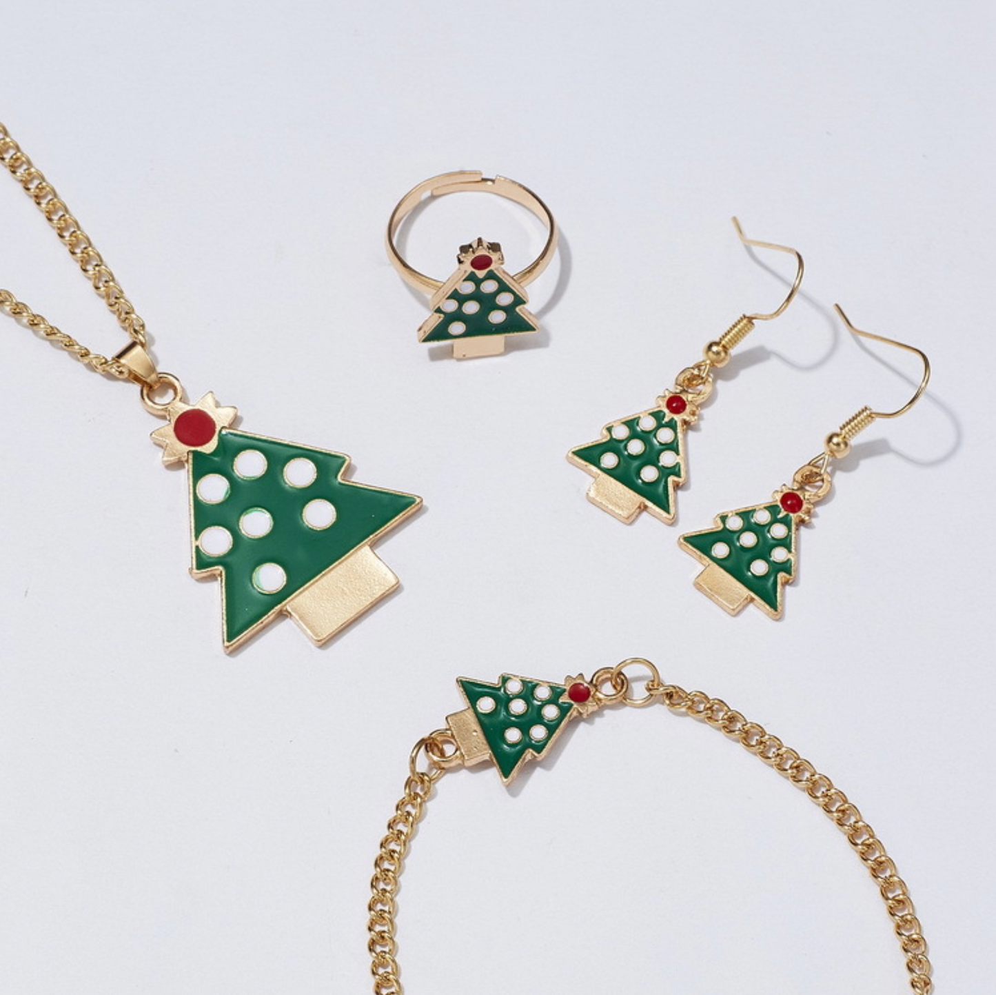 Green & Goldtone Christmas Tree Necklace, Earring, Ring & Bracelet Set