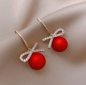 Ribbon Red Satin Ball Drop Earring With Pave Crystals