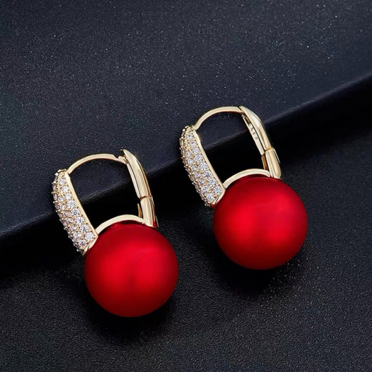 Goldtone Crystal & Red Ball Drop Earrings