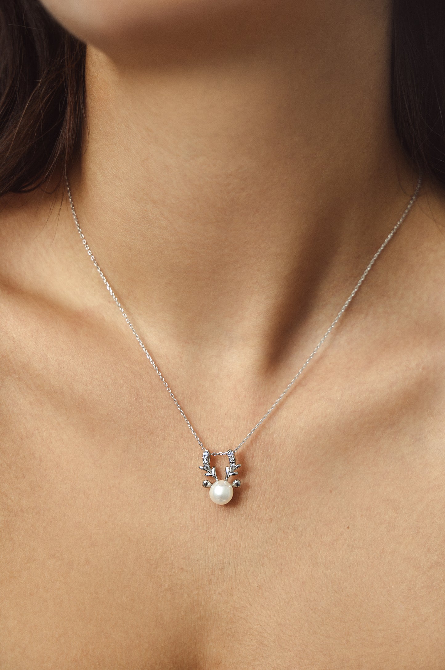 Freshwater Pearl & Sterling Silver Reindeer Pendant Necklace