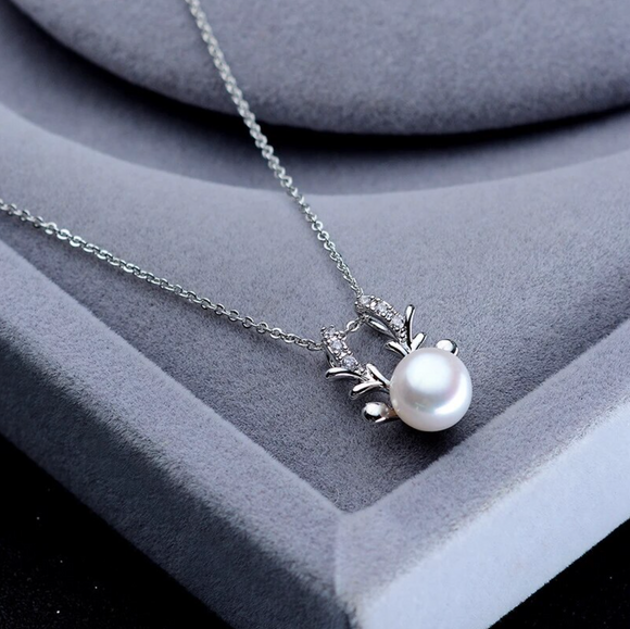 Freshwater Pearl & Sterling Silver Reindeer Pendant Necklace