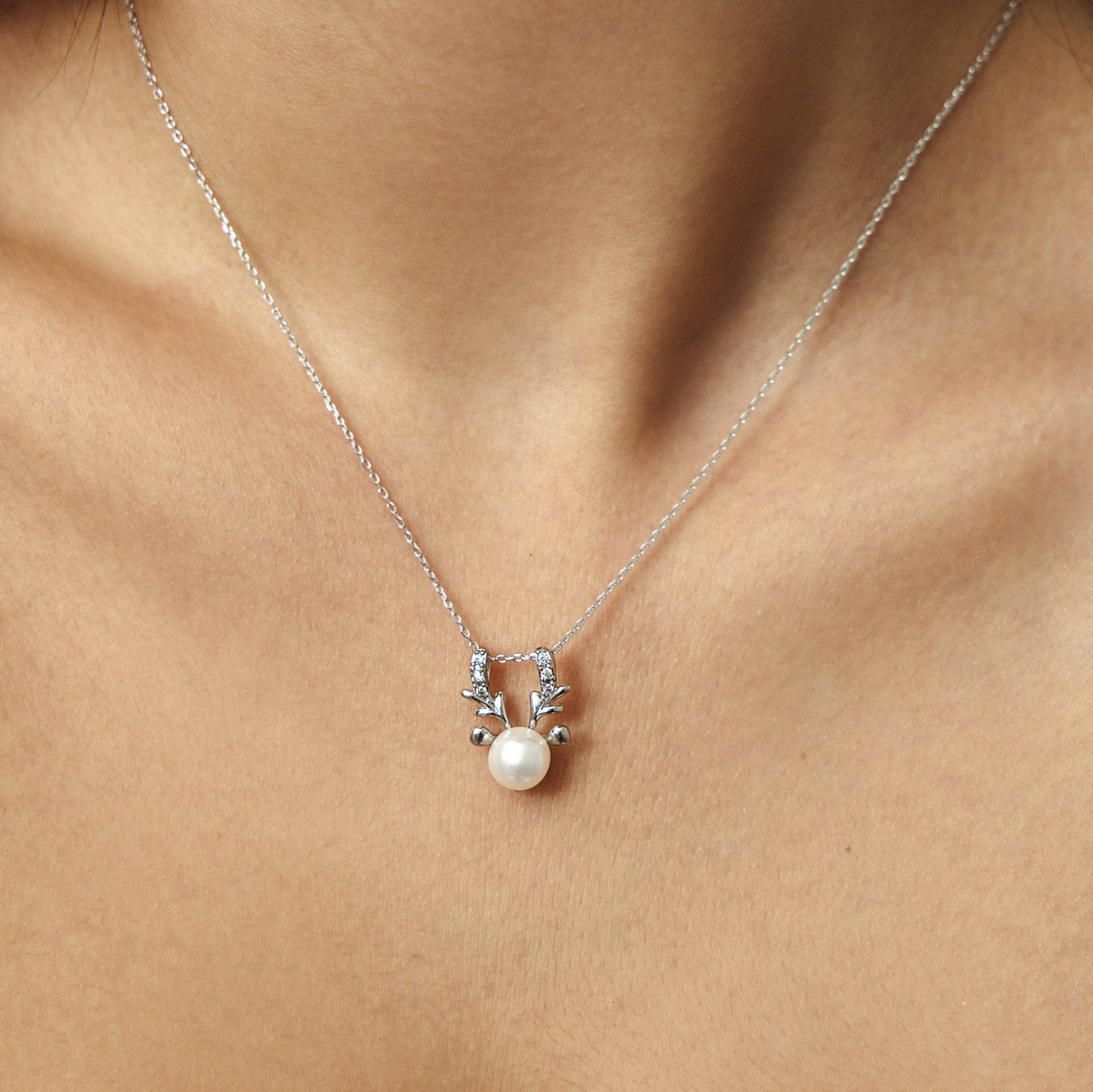 Freshwater Pearl & Sterling Silver Reindeer Pendant Necklace