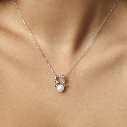 Freshwater Pearl & Sterling Silver Reindeer Pendant Necklace