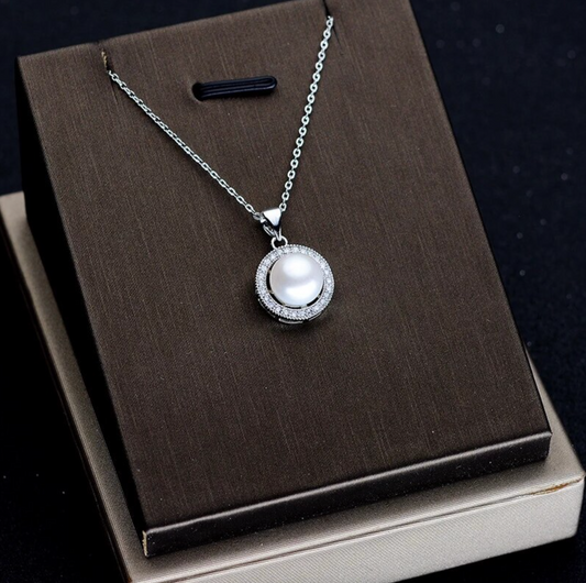 Cultured Pearl & Sterling Silver Halo Pave Pendant Necklace