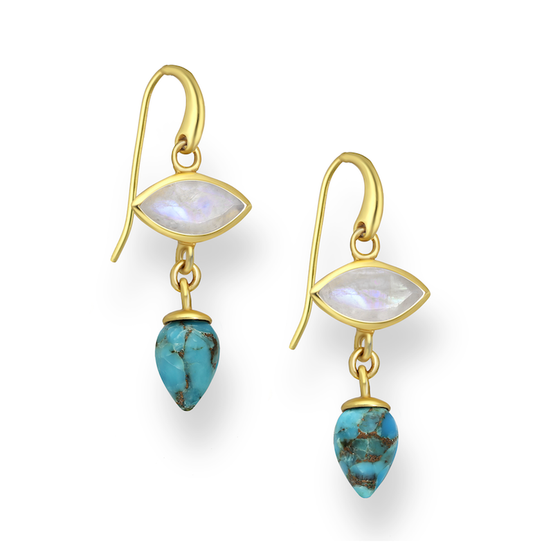 18K Goldtone Plated Sterling Silver Green Onyx Marquis & Aqua Chalcedony Drop Earrings- AG Sterling