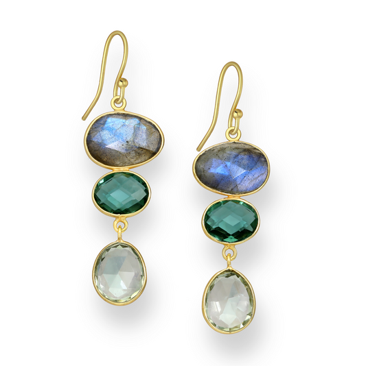 18K Goldtone Plated Sterling Silver Green Tourmaline, Amethyst & Labraodite Oval Faceted Drop Earrings- AG Sterling
