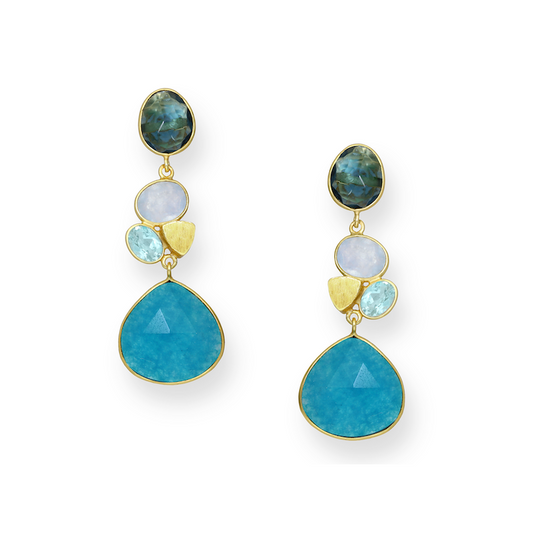 18K Goldtone Plated Sterling Silver Blue Jade & Gemstone Clustered Teardrop Drop Earrings- AG Sterling