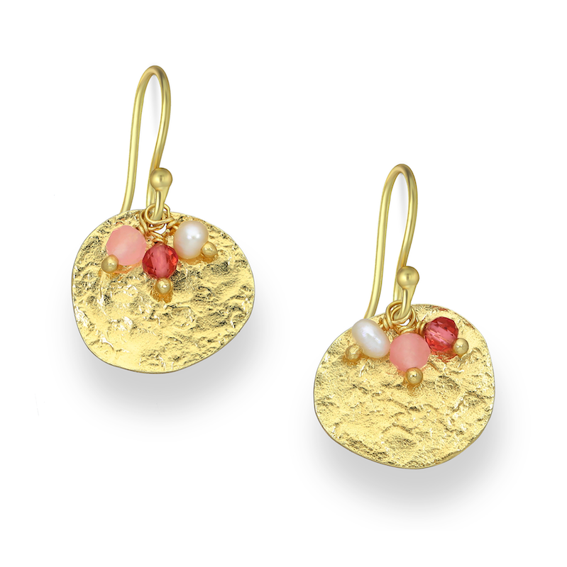 18K Goldtone Plated Sterling Silver Hammered Circular & Pink Mix CZ Gemstone Drop Earrings- AG Sterling  18K Goldtone Plated Sterling Silver Pink & Grey CZ Mix Clustered Hoop Earrings- AG Sterling