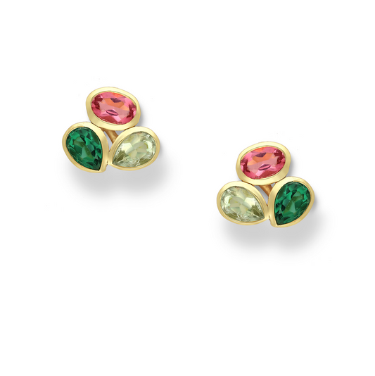 18K Goldtone Plated Sterling Silver Teardrop Oval Clustered Stud Earrings with Pink Tourmaline and Green Amethyst