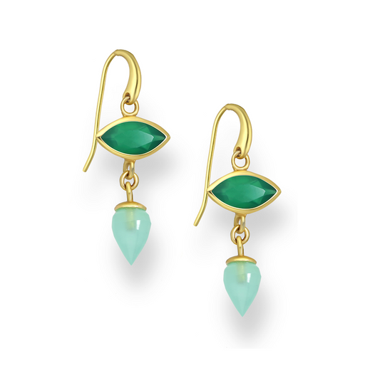 18K Goldtone Plated Sterling Silver Green Onyx Marquis & Aqua Chalcedony Drop Earrings- AG Sterling