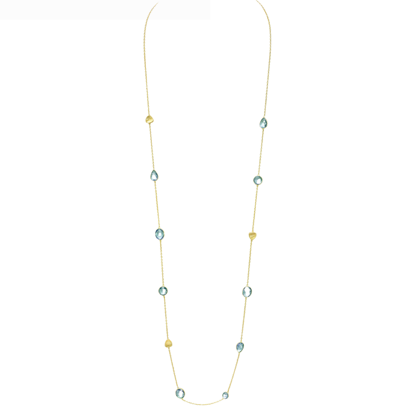 Stunning 18K Gold Plated Sterling Silver Long Dainty Sky Blue Topaz Station Chain Necklace - AG Sterling