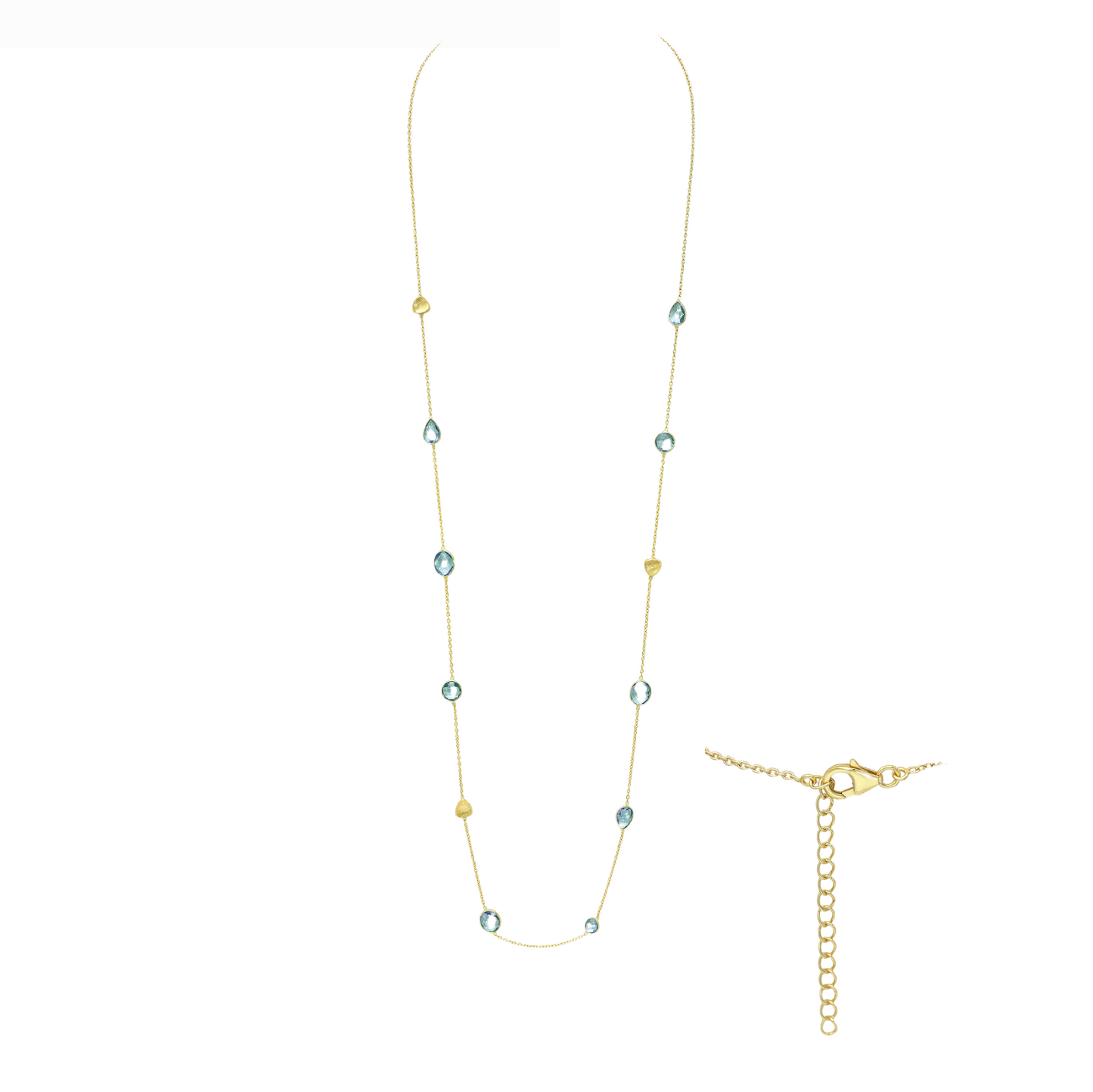 Stunning 18K Gold Plated Sterling Silver Long Dainty Sky Blue Topaz Station Chain Necklace - AG Sterling