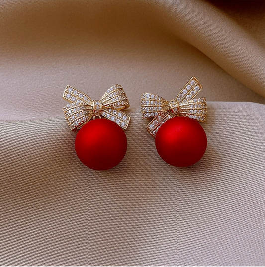 Red Imitation Pearl Crystal Bow Stud Earrings