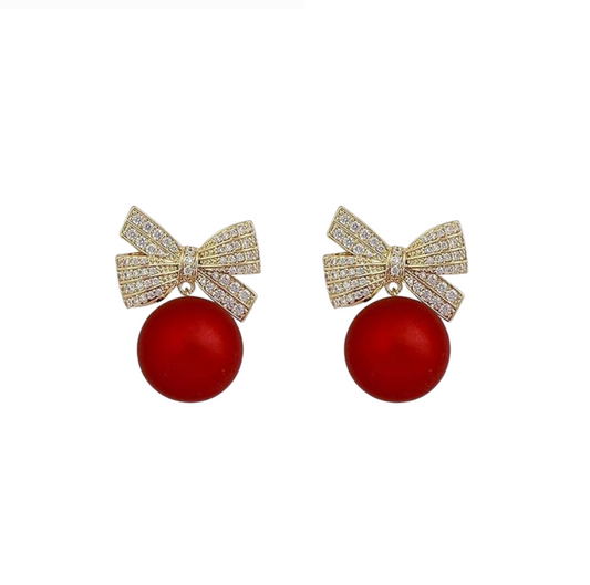 Red Imitation Pearl Crystal Bow Stud Earrings