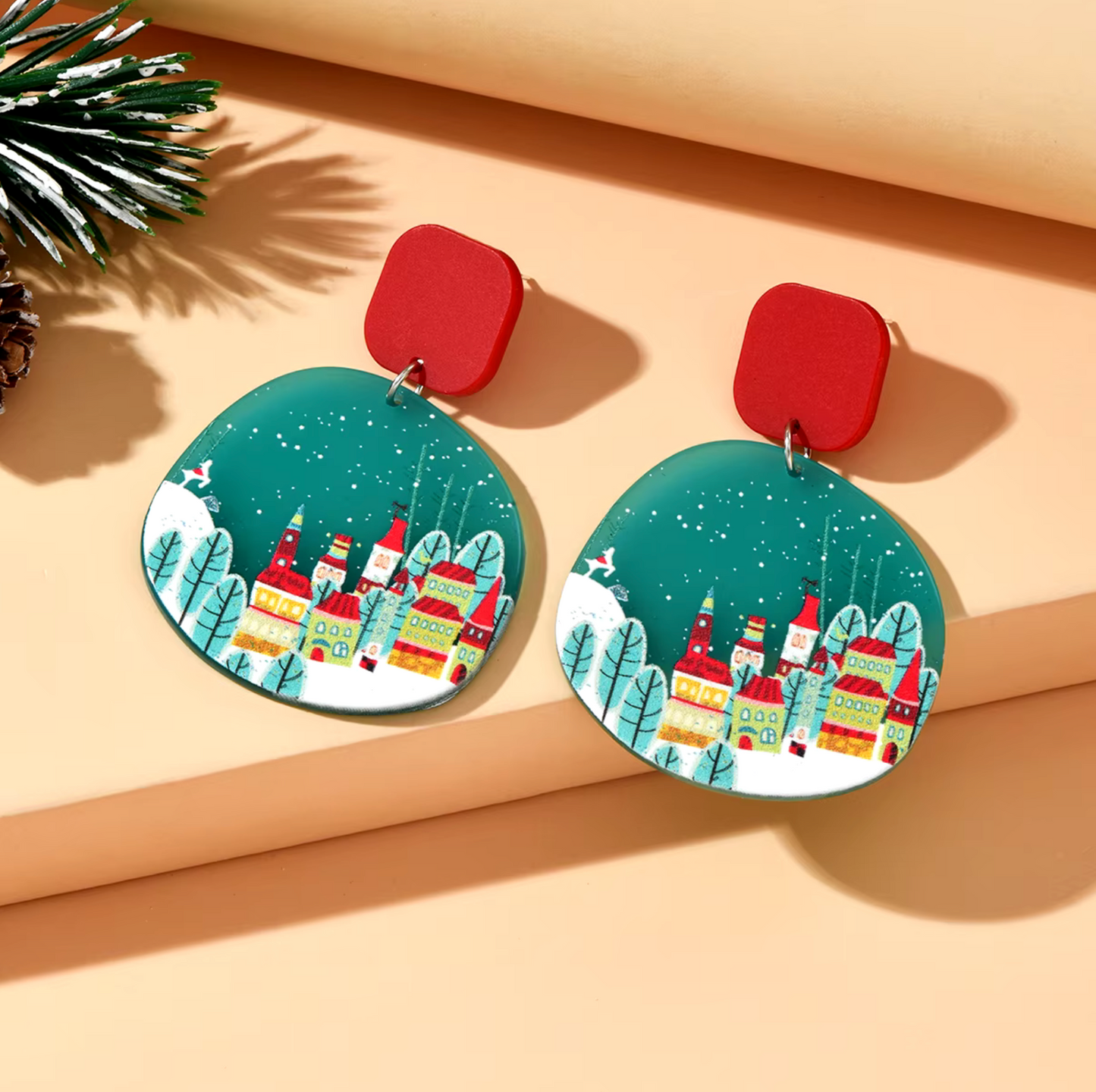 Blue Red Winter Village Drop Earrings