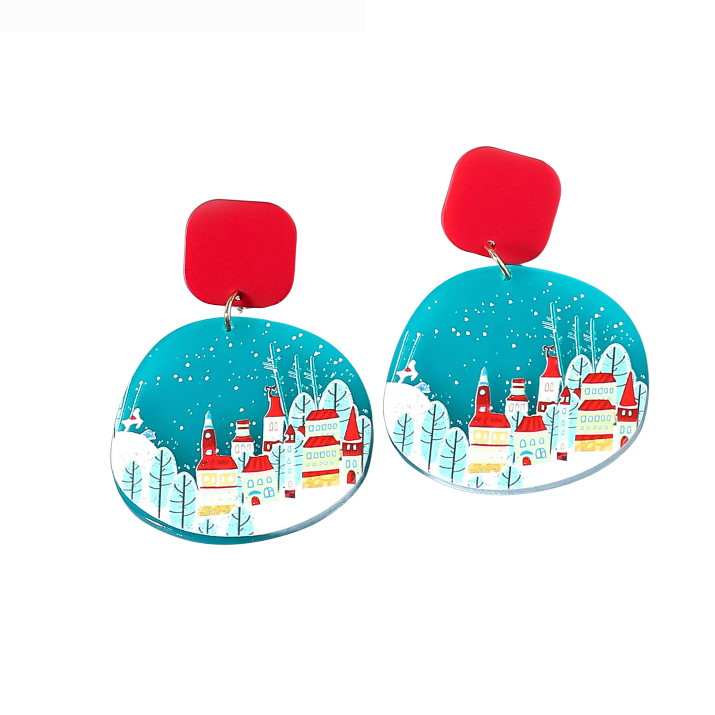 Blue Red Winter Village Drop Earrings