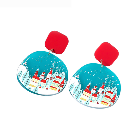 Blue Red Winter Village Drop Earrings