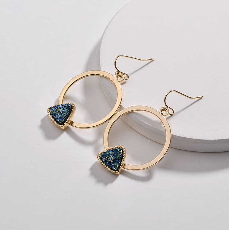 Goldtone Triangular Druzy Stone Circular Earrings