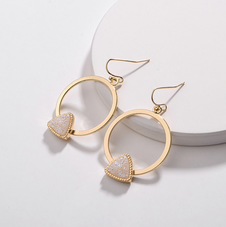Goldtone Triangular Druzy Stone Circular Earrings