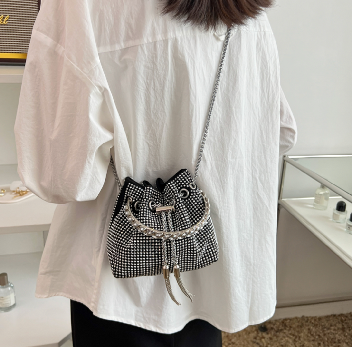 Black & Clear Crystal Studded Crossbody Hand Bag