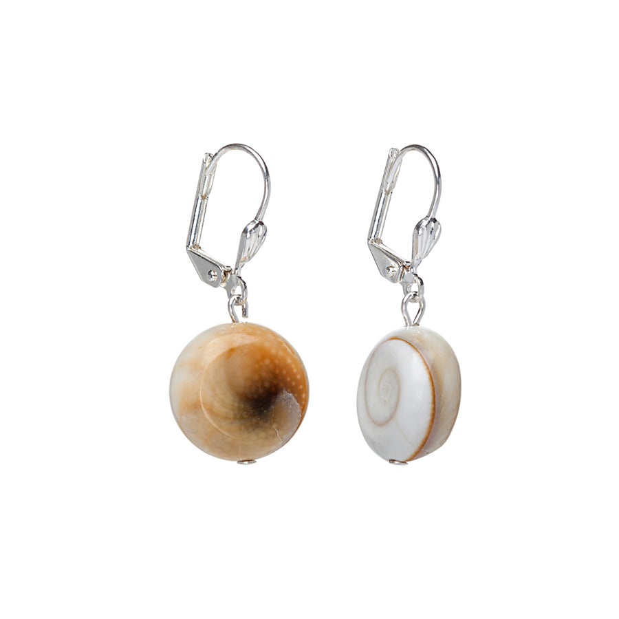 Front and reverse shell surfaces on round silvertone leverback earrings