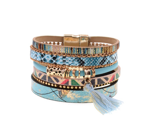 Turquoise & Goldtone Multi-Patterned Faux Leather Bracelet with Tassel