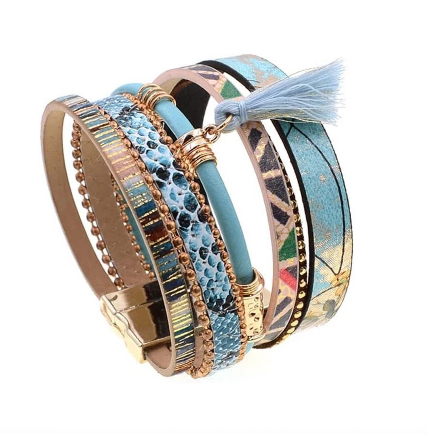 Turquoise & Goldtone Multi-Patterned Faux Leather Bracelet with Tassel