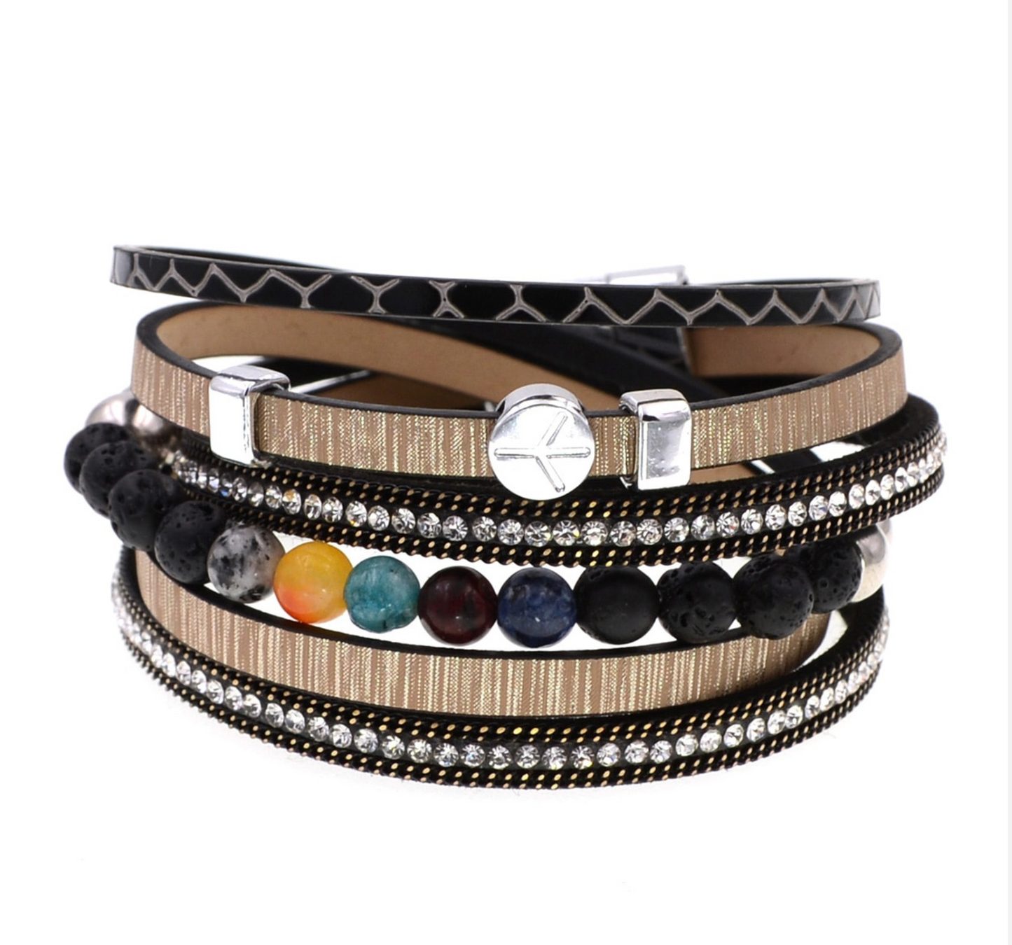 Black & Tan Striped Multi Strand Beaded Bracelet