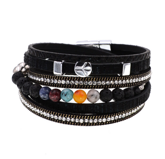 Black Multi Strand Faux Leather Beaded Bracelet