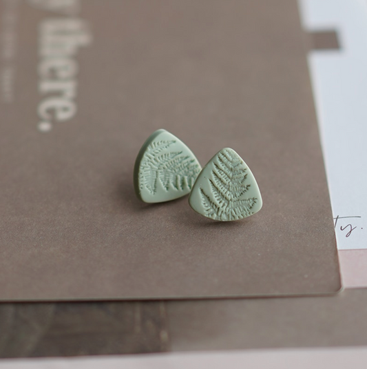 Sage Green Imprinted Leaf Triangular Stud Earrings