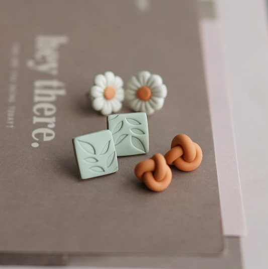 Daisy, Sage Green Leaf & Orange Knotted Set Of 3 Clay Stud Earrings