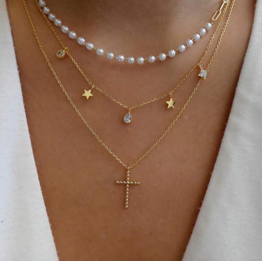 Goldtone & Imitation Pearl Dainty Cross Layered Necklace