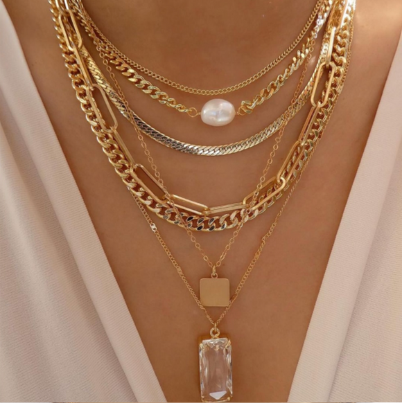 Layered Goldtone Necklace with Rectangular Crystal Pendant and Pearl Solitaire