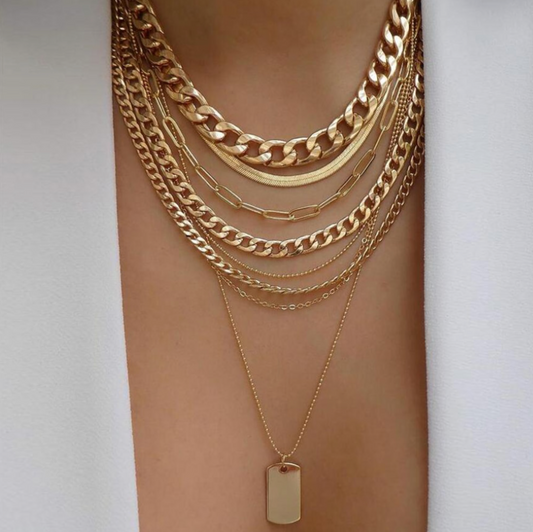 Goldtone Rope, Omega And Curb Multi Layered Necklace With Dog Tag Pendant