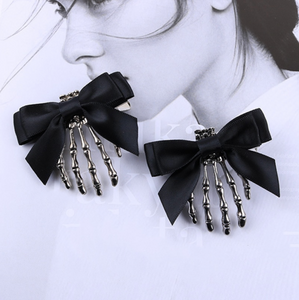 Black Bow & Silver Skeleton Hand Earrings