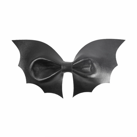Black Faux Leather Bat Wing Bow – 4.5" x 3" Halloween Hair Accessory for Kids & Adults