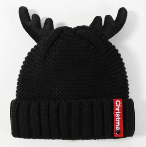 Black Knitted Antler Beanie Hat