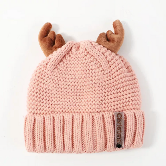 Pale Pink Knitted Antler Beanie Hat